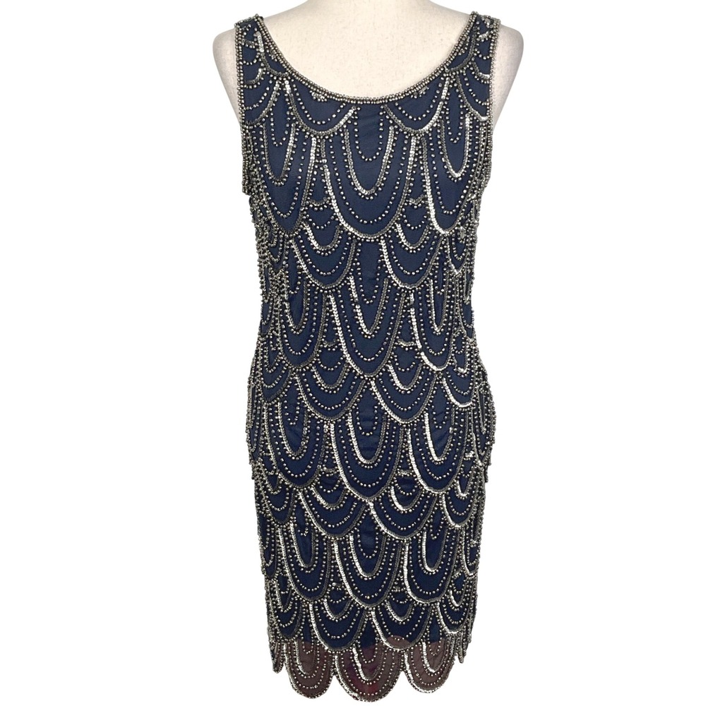 Pisarro Nights Dress Women 8 Navy Blue Silver Tank Metal Sequin Bead Cocktail‎